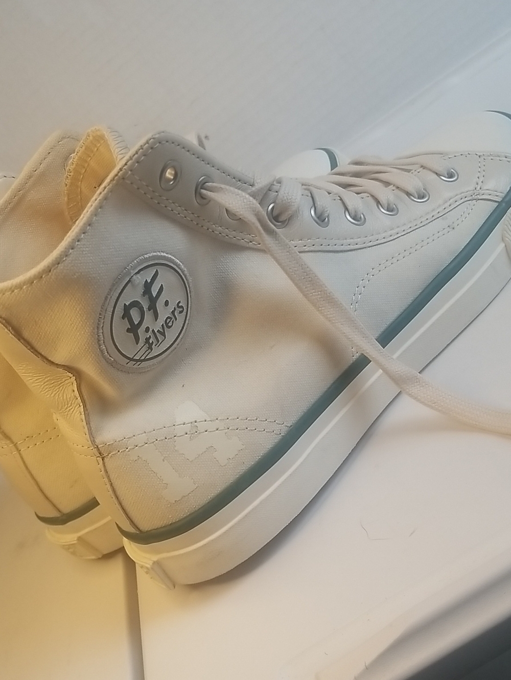 P.F. Flyers Men's And WomHigh-Top Canvas Sneakers in Off-White with Teal Stripe